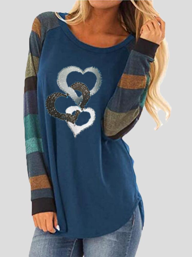 Women's T-Shirts Heart Print Contrast Stripes Round Neck Long Sleeve T-Shirt - T-Shirts - INS | Online Fashion Free Shipping Clothing, Dresses, Tops, Shoes - 13/09/2021 - 20-30 - Category_T-Shirts