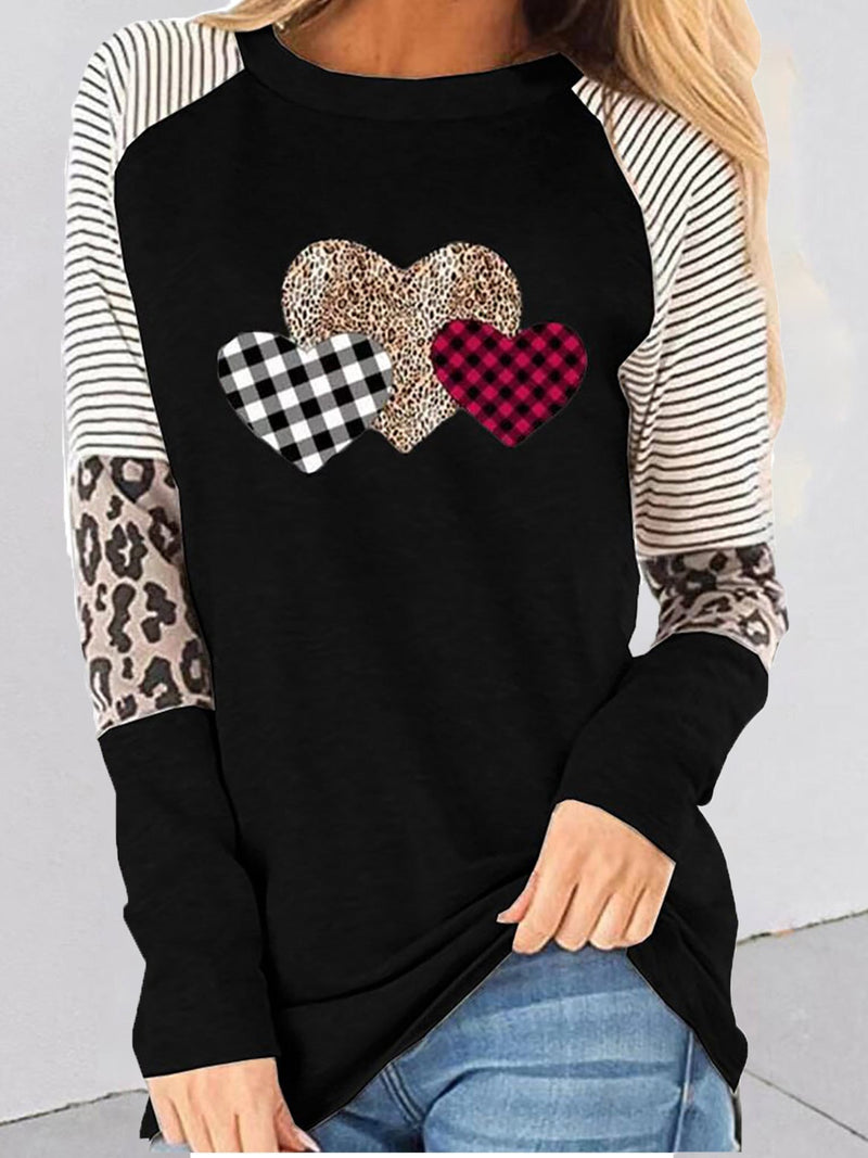 Women's T-Shirts Heart-Shaped Leopard Striped Round Neck Long Sleeve T-Shirt - T-Shirts - Instastyled | Online Fashion Free Shipping Clothing, Dresses, Tops, Shoes - 20-30 - 29/12/2021 - color-black