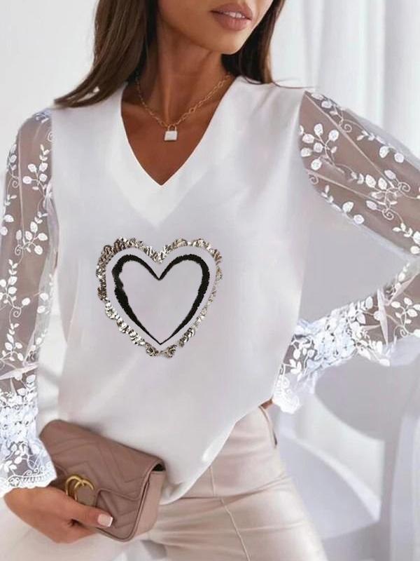 Women's T-Shirts Heart-Shaped Printed V-Neck Lace Long Sleeve T-Shirt - T-Shirts - Instastyled | Online Fashion Free Shipping Clothing, Dresses, Tops, Shoes - 03/12/2021 - 20-30 - color-pink