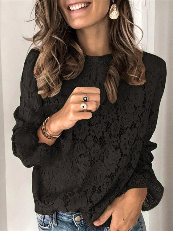 Women's T-Shirts Horn Long Sleeve Hollow Lace T-Shirt - T-Shirts - INS | Online Fashion Free Shipping Clothing, Dresses, Tops, Shoes - 20-30 - 22/10/2021 - color-black