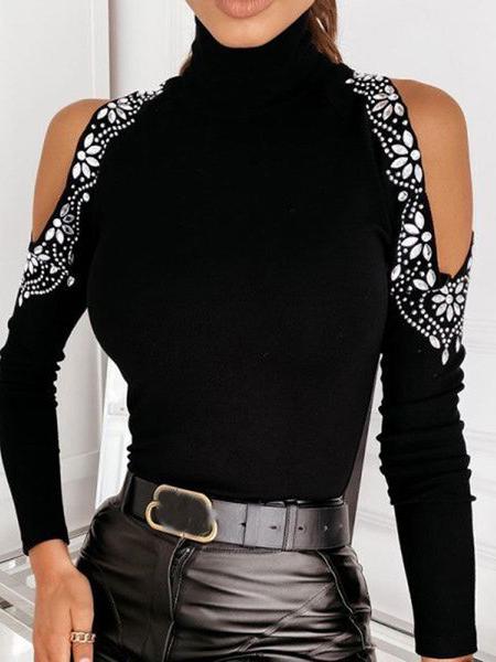 Women's T-Shirts Hot Rhinestone Off Shoulder High Collar Long Sleeve T-Shirt - T-Shirts - INS | Online Fashion Free Shipping Clothing, Dresses, Tops, Shoes - 17/11/2021 - 20-30 - color-black