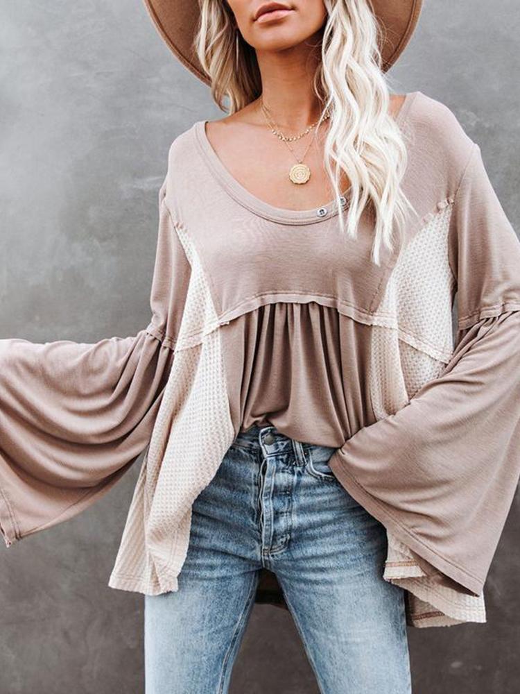 Women's T-Shirts Irregular Contrast Color U Collar Flare Sleeve T-Shirt - T-Shirts - INS | Online Fashion Free Shipping Clothing, Dresses, Tops, Shoes - 20-30 - 28/10/2021 - color-apricot