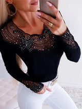 Women's T-Shirts Lace Hot Beads Slim Long Sleeve T-Shirts - T-Shirts - INS | Online Fashion Free Shipping Clothing, Dresses, Tops, Shoes - 20-30 - 22/09/2021 - color-black