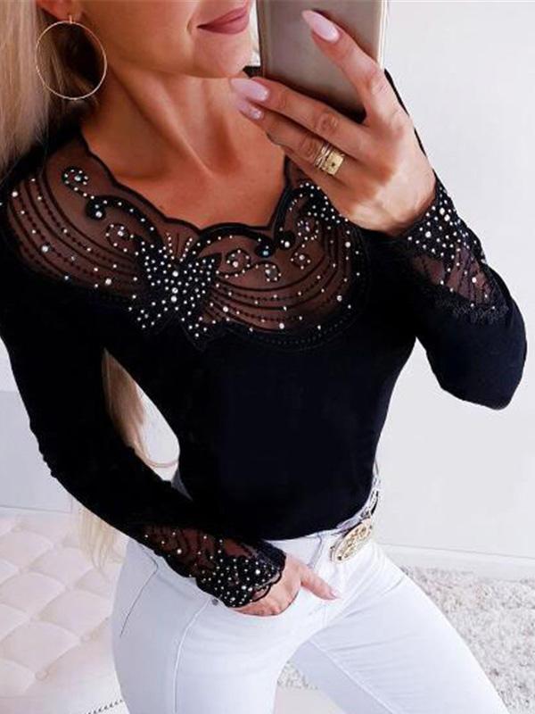 Women's T-Shirts Lace Hot Beads Slim Long Sleeve T-Shirts - T-Shirts - INS | Online Fashion Free Shipping Clothing, Dresses, Tops, Shoes - 20-30 - 22/09/2021 - color-black