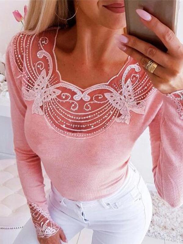 Women's T-Shirts Lace Hot Beads Slim Long Sleeve T-Shirts - T-Shirts - INS | Online Fashion Free Shipping Clothing, Dresses, Tops, Shoes - 20-30 - 22/09/2021 - color-black