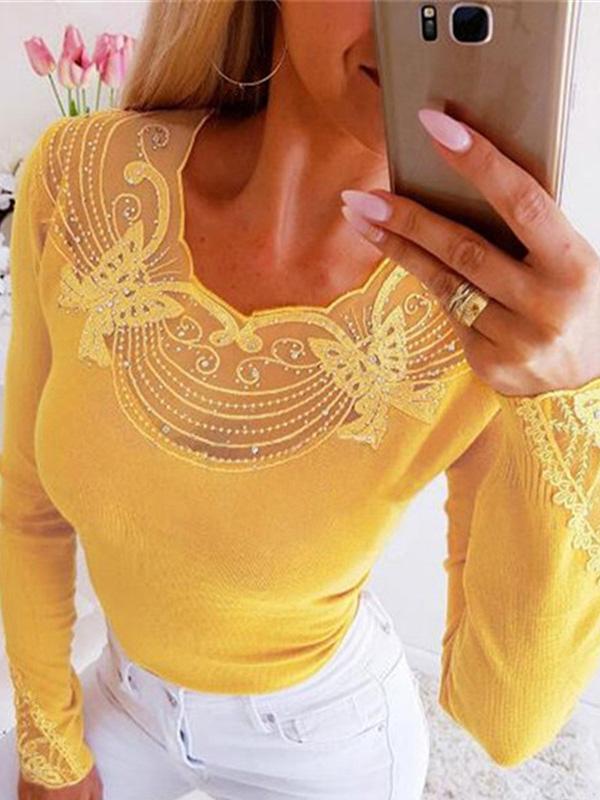 Women's T-Shirts Lace Hot Beads Slim Long Sleeve T-Shirts - T-Shirts - INS | Online Fashion Free Shipping Clothing, Dresses, Tops, Shoes - 20-30 - 22/09/2021 - color-black