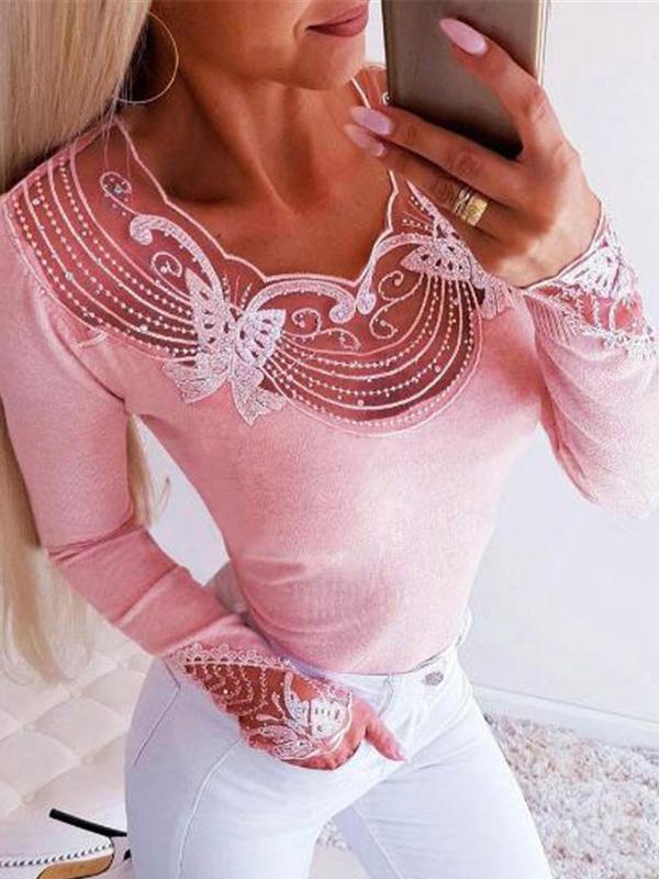 Women's T-Shirts Lace Hot Beads Slim Long Sleeve T-Shirts - T-Shirts - INS | Online Fashion Free Shipping Clothing, Dresses, Tops, Shoes - 20-30 - 22/09/2021 - color-black