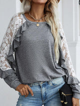 Women's T-Shirts Lace Long sleeve Round Neck Solid Casual T-Shirt - T-Shirts - INS | Online Fashion Free Shipping Clothing, Dresses, Tops, Shoes - 20-30 - 24/08/2021 - Category_T-Shirts