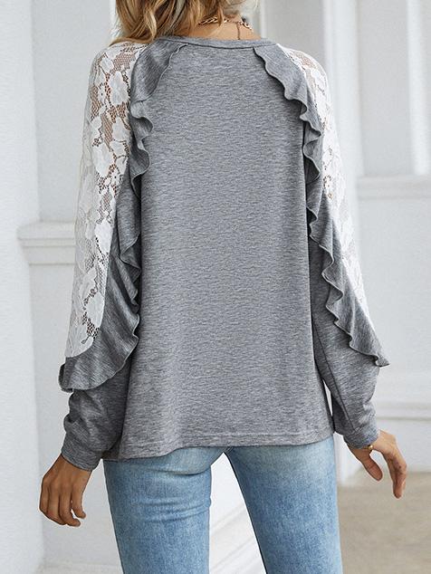 Women's T-Shirts Lace Long sleeve Round Neck Solid Casual T-Shirt - T-Shirts - INS | Online Fashion Free Shipping Clothing, Dresses, Tops, Shoes - 20-30 - 24/08/2021 - Category_T-Shirts