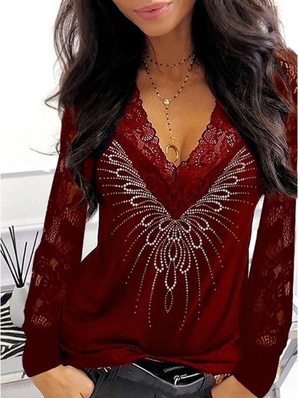 Women's T-Shirts Lace Print V-Neck Long Sleeve T-Shirt - T-Shirts - INS | Online Fashion Free Shipping Clothing, Dresses, Tops, Shoes - 20-30 - 26/10/2021 - color-black