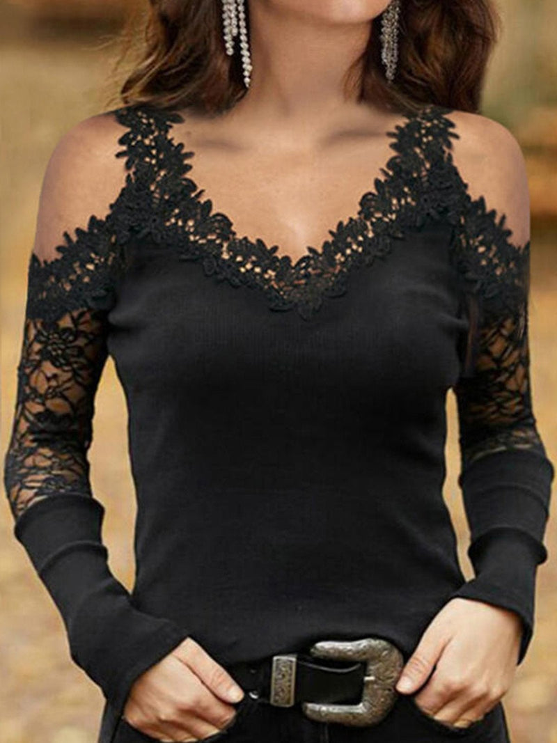 Women's T-Shirts Lace Sling V-Neck Mesh Off-Shoulder Long Sleeve T-Shirts - T-Shirts - INS | Online Fashion Free Shipping Clothing, Dresses, Tops, Shoes - 20-30 - 20/08/2021 - Category_T-Shirts