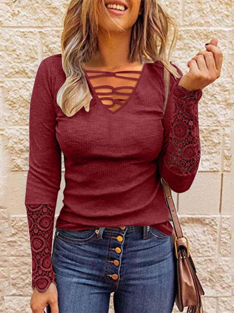 Women's T-Shirts Lace Stitching Cross V-Neck Long Sleeve T-Shirt - T-Shirts - INS | Online Fashion Free Shipping Clothing, Dresses, Tops, Shoes - 08/11/2021 - 20-30 - color-black