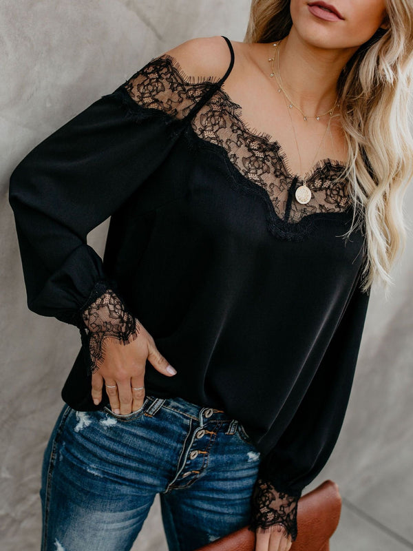 Women's T-Shirts Lace Stitching Sling Long Sleeve T-Shirt - T-Shirts - INS | Online Fashion Free Shipping Clothing, Dresses, Tops, Shoes - 03/11/2021 - 20-30 - color-black