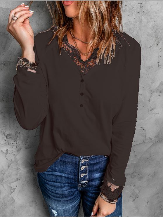 Women's T-Shirts Lace Stitching V-Neck Button Long Sleeve T-Shirt - T-Shirts - INS | Online Fashion Free Shipping Clothing, Dresses, Tops, Shoes - 11/11/2021 - 20-30 - color-black