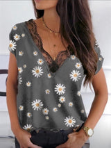 Women's T-Shirts Lace V-Neck Chrysanthemum Short Sleeve T-Shirt - T-Shirts - Instastyled | Online Fashion Free Shipping Clothing, Dresses, Tops, Shoes - 20-30 - 30/12/2021 - color-black