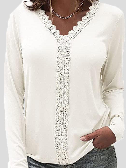 Women's T-Shirts Lace V-Neck Long Sleeve T-Shirt - T-Shirts - INS | Online Fashion Free Shipping Clothing, Dresses, Tops, Shoes - 10/11/2021 - 20-30 - color-bean_paste