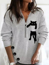 Women's T-Shirts Lapel Cat Zip Long Sleeve Knit T-Shirts - T-Shirts - INS | Online Fashion Free Shipping Clothing, Dresses, Tops, Shoes - 06/09/2021 - 20-30 - Category_T-Shirts