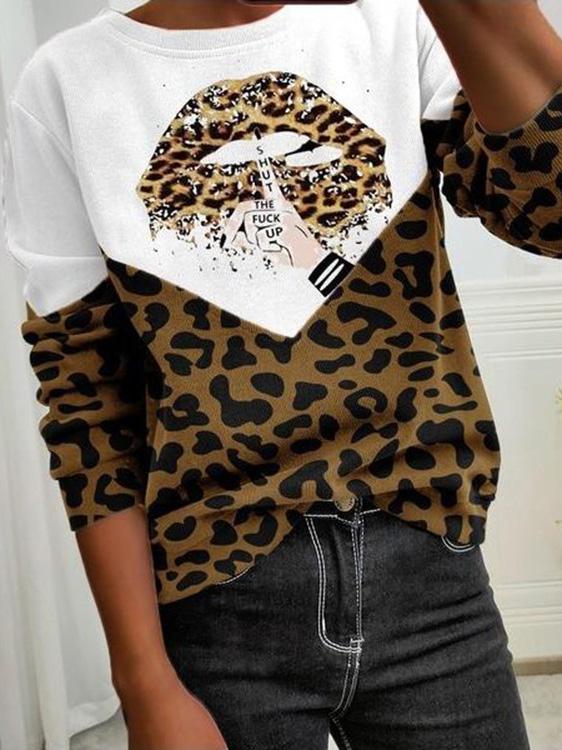 Women's T-Shirts Leopard Lip Print Round Neck Long Sleeve T-Shirt - T-Shirts - INS | Online Fashion Free Shipping Clothing, Dresses, Tops, Shoes - 11/08/2021 - 20-30 - Category_T-Shirts