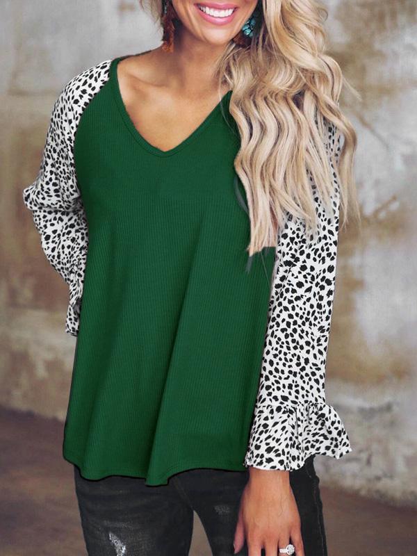 Women's T-Shirts Leopard Print Stitching V-Neck Long Sleeve T-Shirt - T-Shirts - INS | Online Fashion Free Shipping Clothing, Dresses, Tops, Shoes - 17/09/2021 - 20-30 - Category_T-Shirts