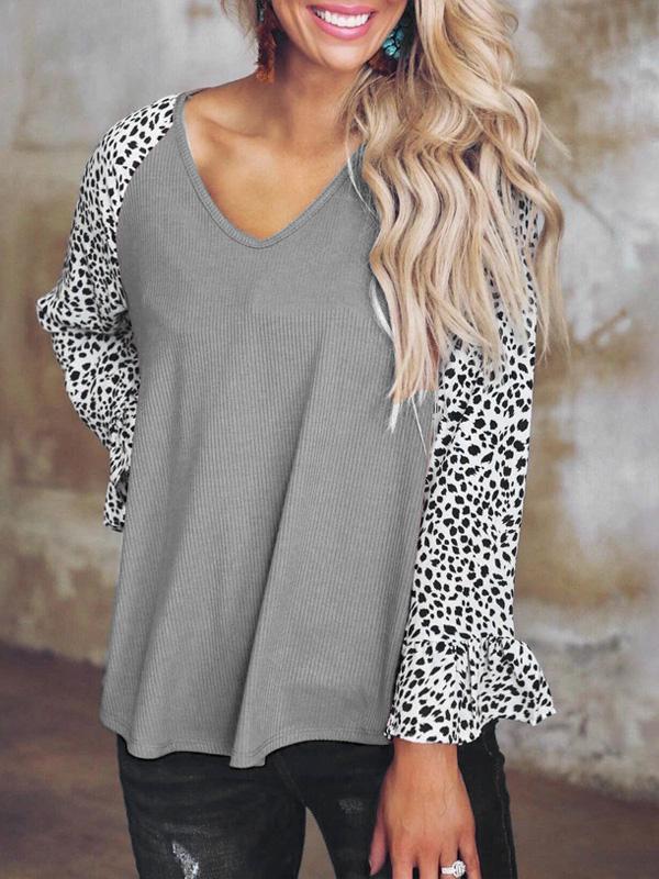 Women's T-Shirts Leopard Print Stitching V-Neck Long Sleeve T-Shirt - T-Shirts - INS | Online Fashion Free Shipping Clothing, Dresses, Tops, Shoes - 17/09/2021 - 20-30 - Category_T-Shirts