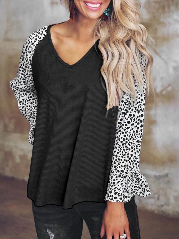 Women's T-Shirts Leopard Print Stitching V-Neck Long Sleeve T-Shirt - T-Shirts - INS | Online Fashion Free Shipping Clothing, Dresses, Tops, Shoes - 17/09/2021 - 20-30 - Category_T-Shirts