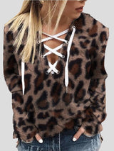 Women's T-Shirts Leopard Print V-Neck Tie Long Sleeve T-Shirts - T-Shirts - INS | Online Fashion Free Shipping Clothing, Dresses, Tops, Shoes - 09/11/2021 - 20-30 - color-black