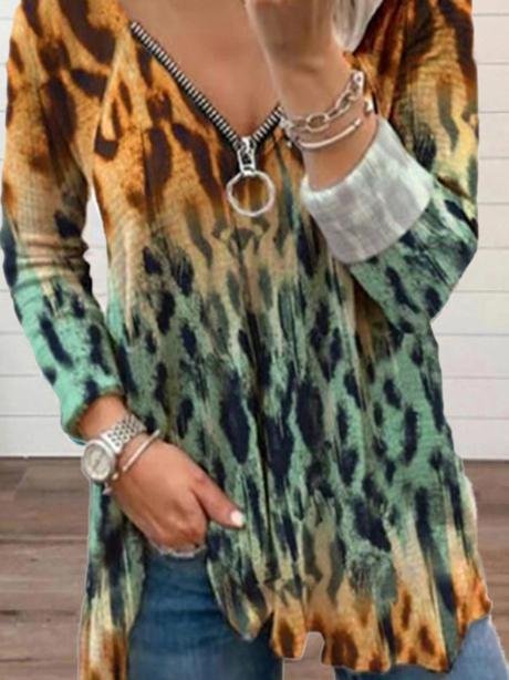 Women's T-Shirts Leopard Print V-Neck Zipper Long Sleeve T-Shirt - T-Shirts - INS | Online Fashion Free Shipping Clothing, Dresses, Tops, Shoes - 17/09/2021 - 20-30 - Category_T-Shirts