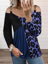 Women's T-Shirts Leopard Stitching Off-Shoulder Long Sleeve T-Shirt - T-Shirts - INS | Online Fashion Free Shipping Clothing, Dresses, Tops, Shoes - 06/11/2021 - 20-30 - color-blue