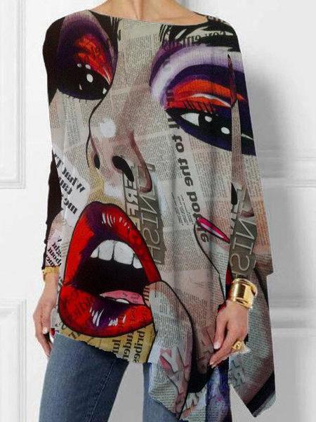 Women's T-Shirts Lip Print Round Neck Pullover Long Sleeve T-Shirt - T-Shirts - INS | Online Fashion Free Shipping Clothing, Dresses, Tops, Shoes - 09/09/2021 - 10-20 - Category_T-Shirts