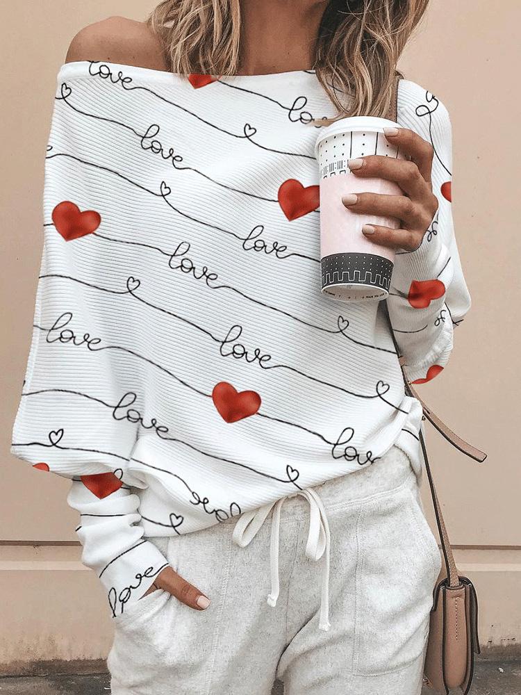 Women's T-Shirts Long Sleeve Heart Print Off Shoulder Commuter Pullover T-Shirt - T-Shirts - INS | Online Fashion Free Shipping Clothing, Dresses, Tops, Shoes - 20-30 - 30/08/2021 - Category_T-Shirts