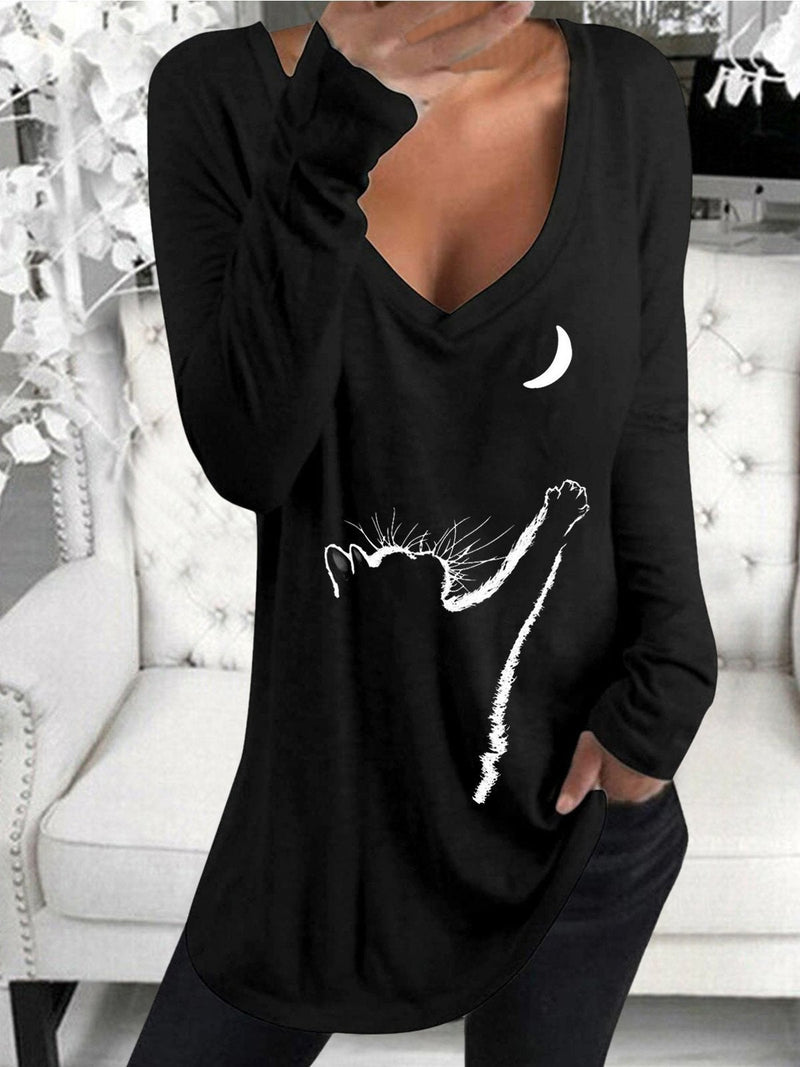 Women's T-Shirts Long Sleeve V-Neck Cat Print Casual T-Shirt - T-Shirts - INS | Online Fashion Free Shipping Clothing, Dresses, Tops, Shoes - 10-20 - 10/09/2021 - Category_T-Shirts