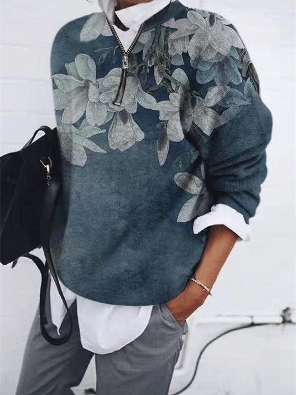 Women's T-Shirts Loose Floral Zipper Long Sleeve T-Shirt - T-Shirts - INS | Online Fashion Free Shipping Clothing, Dresses, Tops, Shoes - 12/10/2021 - 20-30 - color-blue