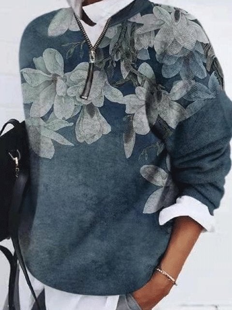 Women's T-Shirts Loose Floral Zipper Long Sleeve T-Shirt - T-Shirts - INS | Online Fashion Free Shipping Clothing, Dresses, Tops, Shoes - 12/10/2021 - 20-30 - color-blue