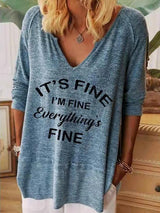 Women's T-Shirts Loose Letter V-Neck Long Sleeve T-Shirt - T-Shirts - INS | Online Fashion Free Shipping Clothing, Dresses, Tops, Shoes - 15/11/2021 - Color_Blue - Color_Gray