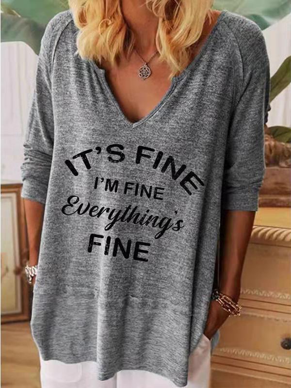 Women's T-Shirts Loose Letter V-Neck Long Sleeve T-Shirt - T-Shirts - INS | Online Fashion Free Shipping Clothing, Dresses, Tops, Shoes - 15/11/2021 - Color_Blue - Color_Gray