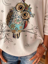 Women's T-Shirts Loose Owl Print Round Neck Long Sleeve T-Shirt - T-Shirts - INS | Online Fashion Free Shipping Clothing, Dresses, Tops, Shoes - 18/11/2021 - 20-30 - color-white