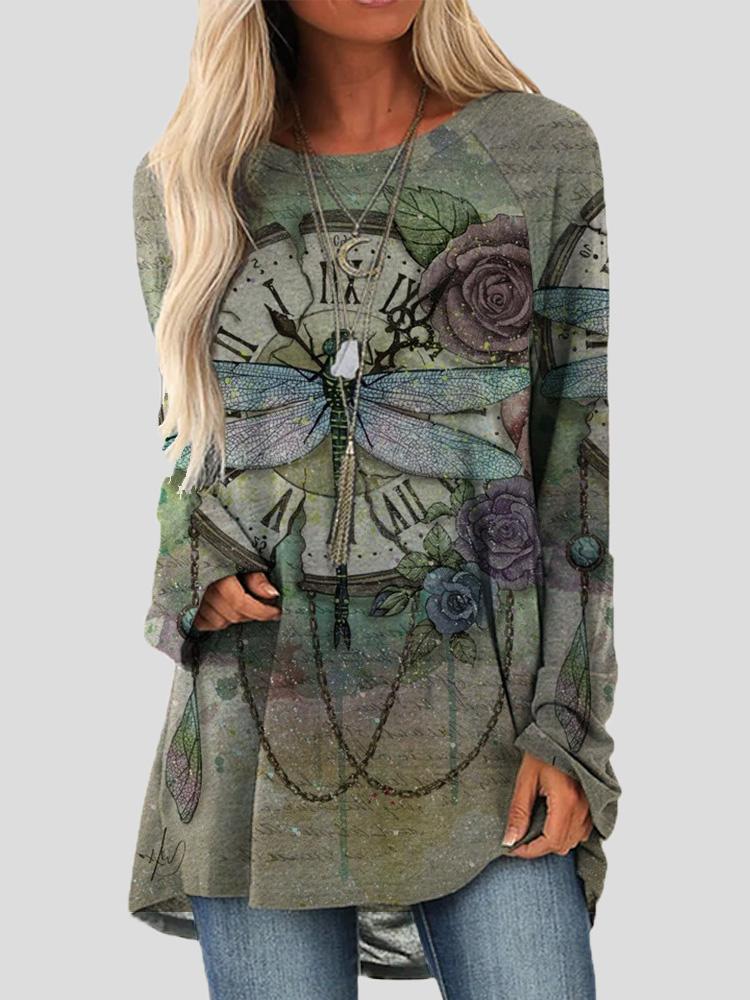 Women's T-Shirts Loose Round Neck Retro Dragonfly Print Long Sleeve T-Shirts - T-Shirts - INS | Online Fashion Free Shipping Clothing, Dresses, Tops, Shoes - 10-20 - 10/09/2021 - Category_T-Shirts