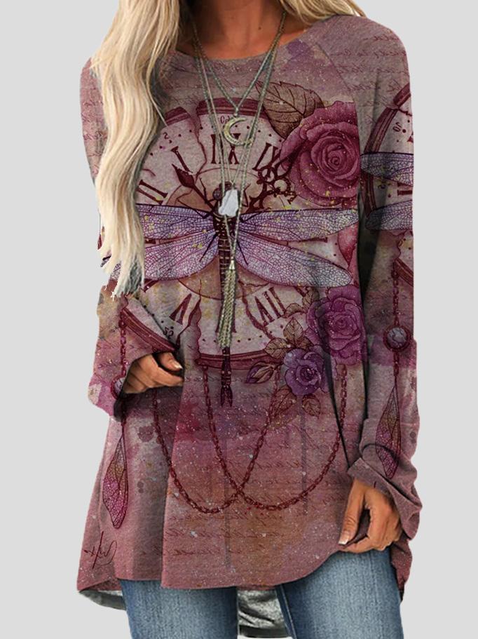 Women's T-Shirts Loose Round Neck Retro Dragonfly Print Long Sleeve T-Shirts - T-Shirts - INS | Online Fashion Free Shipping Clothing, Dresses, Tops, Shoes - 10-20 - 10/09/2021 - Category_T-Shirts