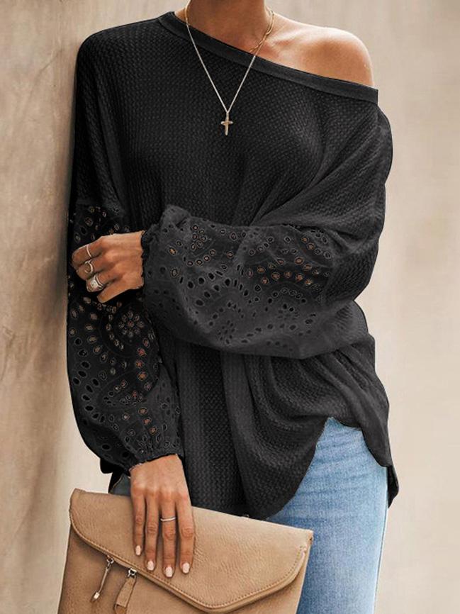 Women's T-Shirts Loose Slant Collar Hollow Long Sleeve Off Shoulder T-Shirt - T-Shirts - INS | Online Fashion Free Shipping Clothing, Dresses, Tops, Shoes - 20-30 - 20/08/2021 - Category_T-Shirts