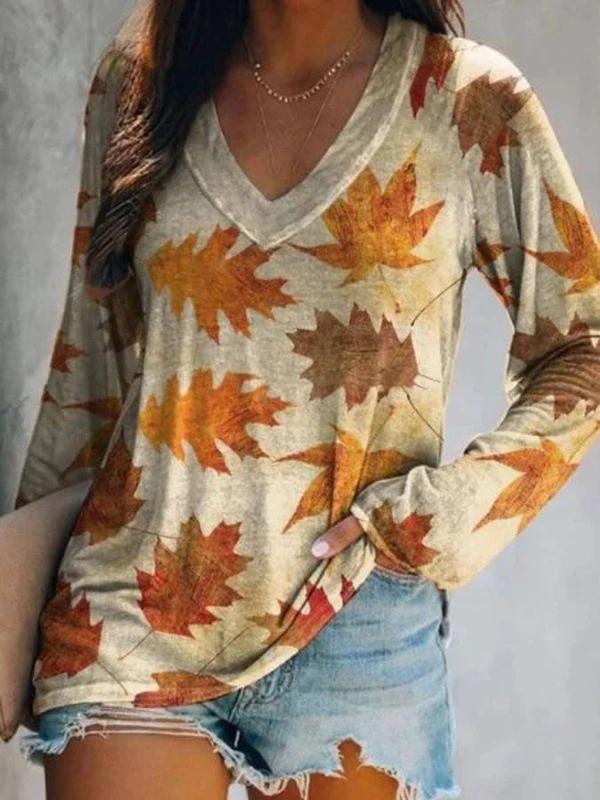 Women's T-Shirts Loose V-Neck Leaf Print Long Sleeve T-Shirt - T-Shirts - INS | Online Fashion Free Shipping Clothing, Dresses, Tops, Shoes - 06/11/2021 - 20-30 - color-gray