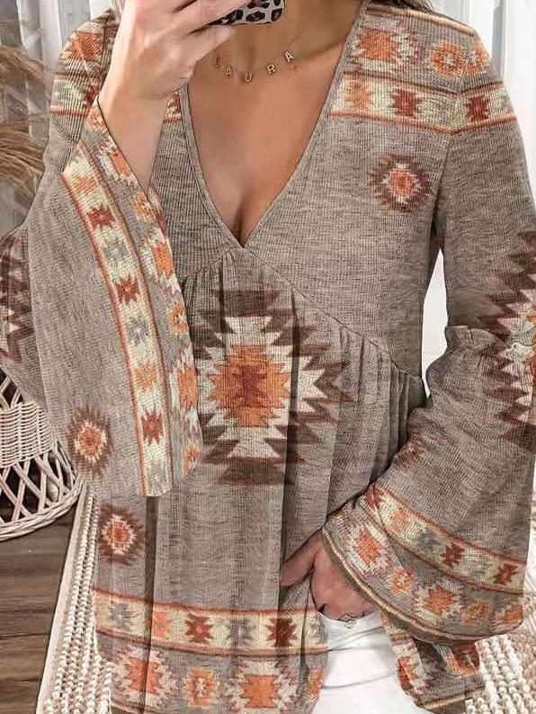Women's T-Shirts Loose V-Neck Printed Flared Long Sleeve T-Shirt - T-Shirts - INS | Online Fashion Free Shipping Clothing, Dresses, Tops, Shoes - 20-30 - 23/09/2021 - color-multi
