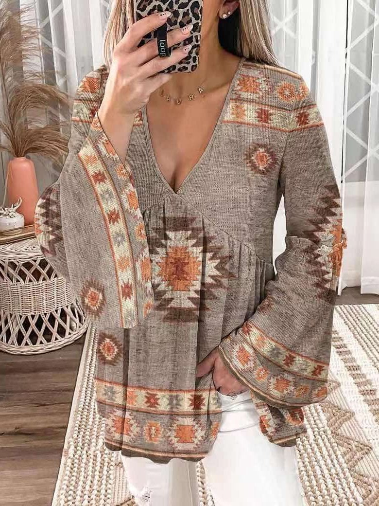 Women's T-Shirts Loose V-Neck Printed Flared Long Sleeve T-Shirt - T-Shirts - INS | Online Fashion Free Shipping Clothing, Dresses, Tops, Shoes - 20-30 - 23/09/2021 - color-multi