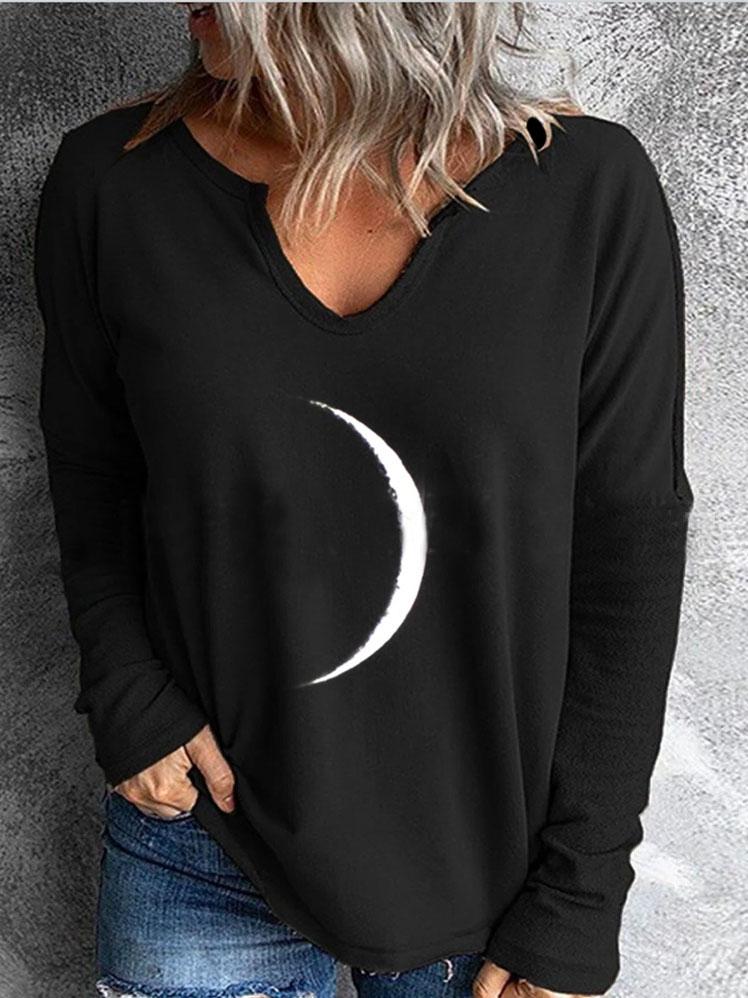 Women's T-Shirts Moon Print V-Neck Long Sleeve T-Shirt - T-Shirts - INS | Online Fashion Free Shipping Clothing, Dresses, Tops, Shoes - 08/11/2021 - 20-30 - color-black