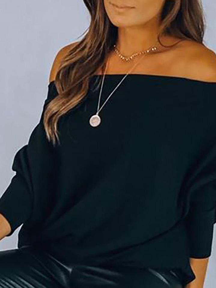 Women's T-Shirts Oblique Collar Off Shoulder Long Sleeve T-Shirts - T-Shirts - INS | Online Fashion Free Shipping Clothing, Dresses, Tops, Shoes - 04/09/2021 - 20-30 - Category_T-Shirts