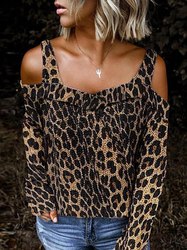 Women's T-Shirts Off-Shoulder Leopard Print Long Sleeve T-Shirt - T-Shirts - INS | Online Fashion Free Shipping Clothing, Dresses, Tops, Shoes - 20-30 - 27/10/2021 - color-brown