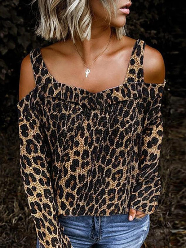 Women's T-Shirts Off-Shoulder Leopard Print Long Sleeve T-Shirt - T-Shirts - INS | Online Fashion Free Shipping Clothing, Dresses, Tops, Shoes - 20-30 - 27/10/2021 - color-brown