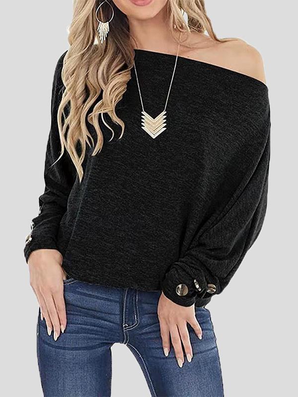 Women's T-Shirts Off The Shoulder Solid Button Long Sleeve T-Shirt - T-Shirts - INS | Online Fashion Free Shipping Clothing, Dresses, Tops, Shoes - 19/08/2021 - 20-30 - Category_T-Shirts