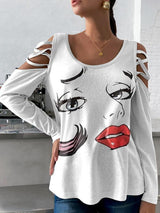 Women's T-Shirts Portrait Long Sleeve Round Neck Off Shoulder T-Shirt - T-Shirts - INS | Online Fashion Free Shipping Clothing, Dresses, Tops, Shoes - 11/10/2021 - Color_White - Season_Autumn