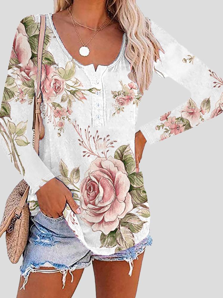 Women's T-Shirts Printed Long Sleeve Round Neck Button T-Shirt - T-Shirts - INS | Online Fashion Free Shipping Clothing, Dresses, Tops, Shoes - 11/10/2021 - Color_Green - Color_Pink