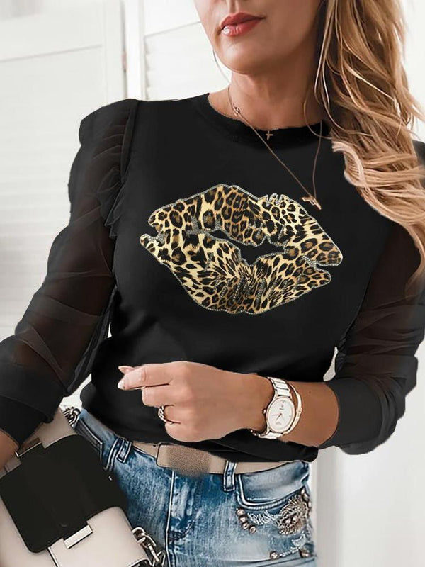 Women's T-Shirts Printed Round Neck Mesh Long Sleeve T-Shirt - T-Shirts - INS | Online Fashion Free Shipping Clothing, Dresses, Tops, Shoes - 1/11/2021 - 10-20 - color-black